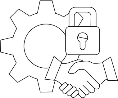 Bir dişli asma kilit ve tokalaşma beyaz arka plana karşı siyah çizgilerle gösterilmiştir