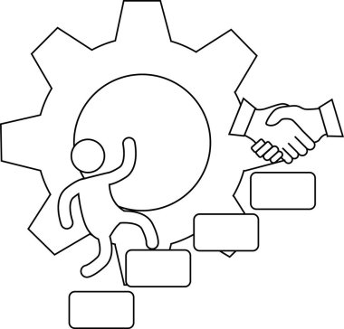 Bir çizgi, dişli arka planda el sıkışmaya doğru tırmanan bir insanı resmediyor.