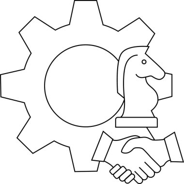 Kalın çizgili satranç şövalyesi ve tokalaşma ikonu işbirliği ve strateji tasvir ediyor