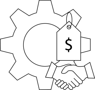Görüntü bir dolar işareti ile bir dişli tokalaşma ve fiyat etiketi gösterir