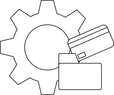Bir dişli, bir kredi kartı ve bir açık dosya dizini satır sanatında gösterilmiştir