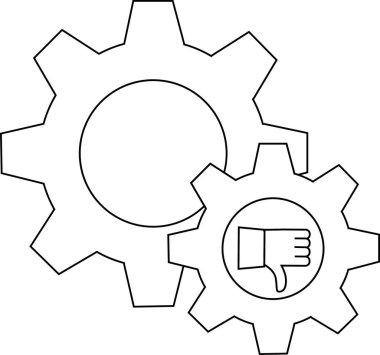 İki iç içe geçmiş vites, birinin içinde baş parmağı aşağıda mekanik sistemdeki arızayı ya da hoşnutsuzluğu sembolize ediyor.