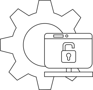 İniş takımları ve monitörler, teknoloji ve güvenliği sembolize eden açık asma kilidi gösteriyor.