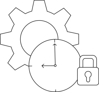 12 ve 9 'da elleri olan bir dişli saat ve bir çizgi çizerek asma kilit tasvir edilir.