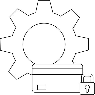 Bir dişli kredi kartı ve kilit sembolü bir çizgi çiziminde görünür