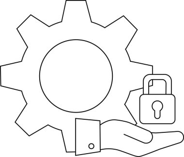 Güvenlik ve teknolojiyi vurgulayan çizilmiş bir vektör grafik tarzında tasvir edilmiş dişli el ve asma kilit