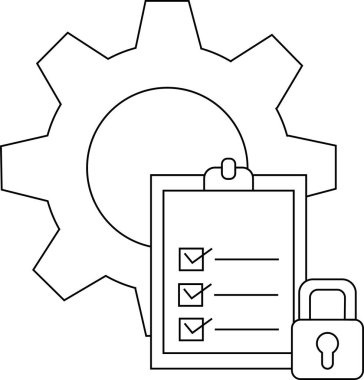 Üzerinde kontrol işaretleri ve siyah beyaz resimli bir asma kilit olan dişli pano