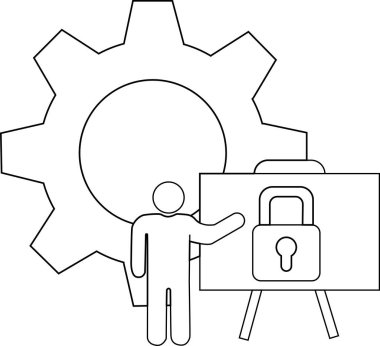 Çubuk adam arka plandaki sehpada güvenlik sunar