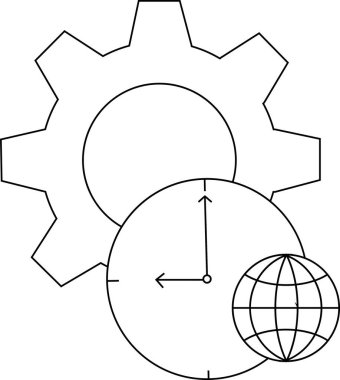 Dişli saat ve küre iç içe geçmiş siyah beyaz çizgi çizimi