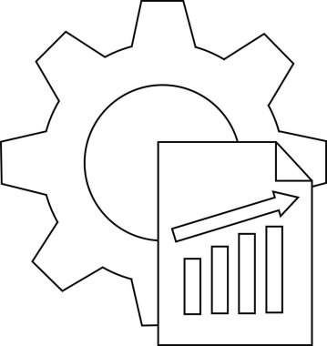 Bir belgenin üzerine yerleştirilmiş yükselen bir çubuk grafiği ve oku olan bir dişli grafiği