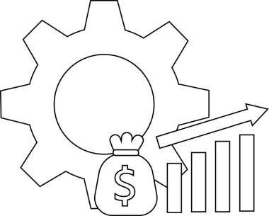 Para dolu çanta ve büyüyen çubukların grafiği ile ticaret büyümesini sembolize eden bir ok.