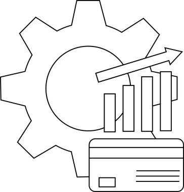 Resim, ana hatlarla gösterilmiş bir dişli grafik oku ve kredi kartını gösteriyor