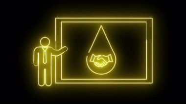 Parlayan sarı neon ışığı, su damlasının içinde el sıkışan bir tabloyu sunan kişiyi gösterir.