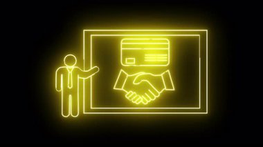 Bir neon ışığı, kredi kartının altında sarı çizilmiş bir el sıkışmasını gösteriyor.