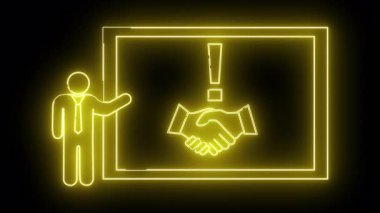 Neon sarısı tasvir çerçevede bir ünlem işareti ile tokalaşan bir adamı içerir.