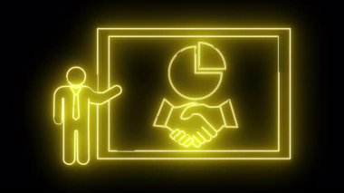 Bir neon sarısı sunum ekranı bir pasta grafiği el sıkışması ve sunucusu gösterir