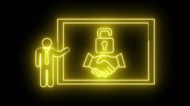 Parlak sarı neon tarzı grafik bir adamın el sıkışmasını ve siyah bir arkaplanda asma kilidi açmasını betimliyor