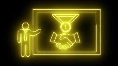 Neon Sanat Adamı, siyah bir arkaplanda parlayan bir dikdörtgen içinde el sıkışma madalyasını sunar.