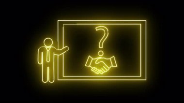 Neon sanat, el sıkışma grafiği üzerinde soru işareti olan tahtayı sunan bir figür gösteriyor.
