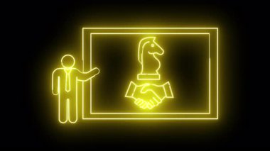 Dikdörtgenin içindeki bir satranç şövalyesinin altında strateji tokalaşması sunan bir kişinin neon çizimi