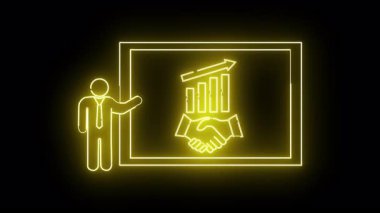 Neon illüstrasyonu, ok grafiği el sıkışmalı bir beyaz tahtanın yanında sunucuyu gösteriyor