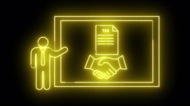 Neonyellow işadamı, siyah arkaplanda vergi dosyasını ve el sıkışmasını işaret ediyor