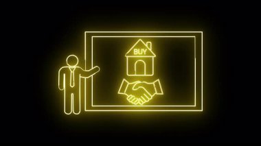 Ekranda gösterilen bir emlak anlaşmasına işaret eden bir kişinin sarı neon çizimi