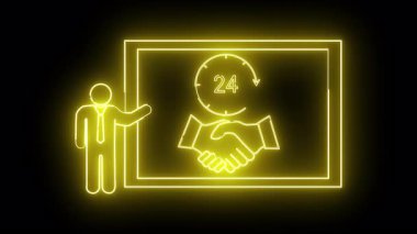 Sarı neon grafik kişi 247 işaret el sıkışması bir dikdörtgen Siyah arkaplan içinde