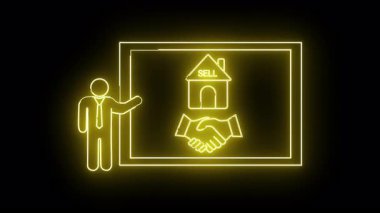 Satılık bir ev ve el sıkışma gösteren bir grafiğin yanındaki yapışkan figürlü sunucunun sarı neon çizimi