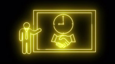 Sarı neon illüstrasyonlu kişi, ellerinin üzerinde kare bir çerçevenin içinde titreyen bir saat sunuyor.