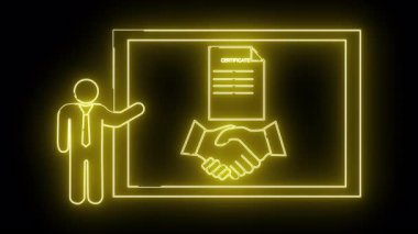 Sarı neon ana hatları çerçeveli bir belgenin yanında sunucu ile siyah bir arkaplan üzerinde el sıkışma tasarımı.
