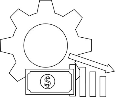 Çubuk grafiğin yanında bir dolarlık banknotun üzerinde ana hatları belirtilmiş vites simgesi var.