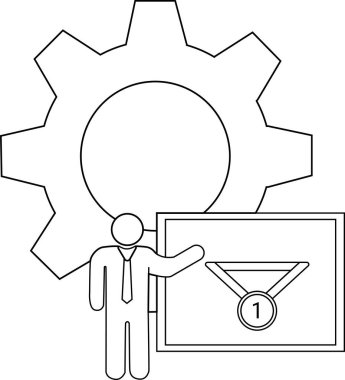 Çarkın yanında 1 madalya sunan bir çöp adam.