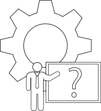 Takım elbiseli çöp adam, bir tahtada vites arkaplanına karşı bir soru işareti sunar