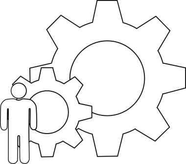 Basitleştirilmiş bir insan simgesi farklı boyutlarda birbirine kenetlenmiş iki dişlinin yanında duruyor.