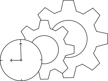 Saat ve dişliler saat yuvarlak diyagramını çiziyor. Üzerinde birbirine kenetlenmiş iki ok ve çark simgesi var.
