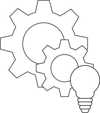 İki dişli bir ampulün yanında kesişiyor. Resim siyah ve beyaz bir dış hat çizimi.