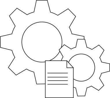 Birbirine kenetlenmiş iki vites ve bir belge sembolü. Hepsi de temiz siyah beyaz çizgiler olarak tasvir edilmiş.