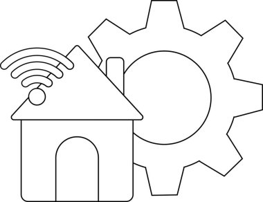 Üstünde kablosuz internet sinyali olan bir evin siyah beyaz çizimi.