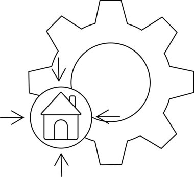 Oklarla çevrili dişli ev çemberi bir sistemi ya da süreci gösterir