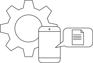 Bir akıllı telefon, içinde telefondan uzanan bir belge simgesi bulunan bir konuşma balonuyla bir dişlinin önünde oturur.