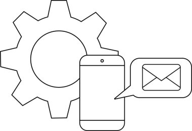 Dişli telefon ve ileti simgesi ana hatlı çizgi film tarzında