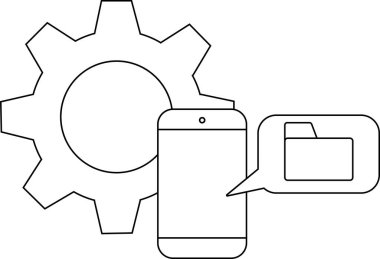 Konuşma balonunda bir dişli akıllı telefon klasörünü gösteren çizgi çizimi.