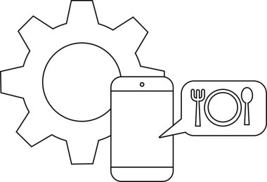 Dişli telefon çizgisi ve çatal ve kaşık içeren konuşma balonu.