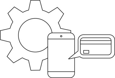 Taslak, finans teknolojisini işaret eden bir konuşma balonunda çarklı telefon ve kredi kartı gösteriyor.