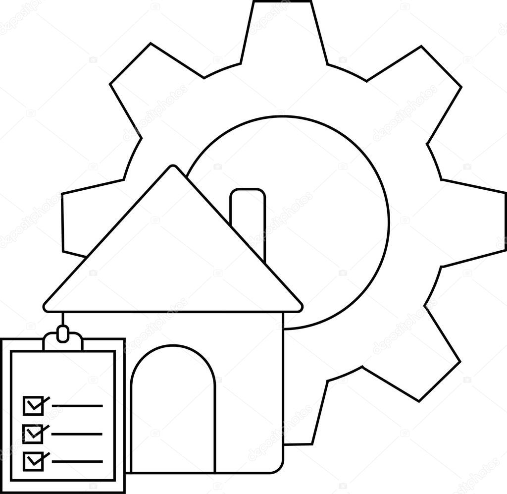 A house icon with a gear and a checklist displayed all outlined in black