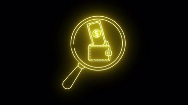 Cüzdanı ve siyah arka planda büyüteci olan neon sarısı temalı bir resim.