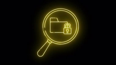 Bir neon sarı klasör ve açık asma kilit siyah bir arkaplanda büyüteç altında