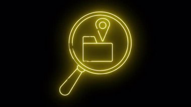 Siyah arkaplanda büyüteç içinde lokasyon iğnesi olan parlak sarı neon simge dizini