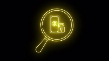 Parlayan sarı neon ikonu para birimini simgeler bir asma kilit ve bir büyüteç siyah bir fona karşı